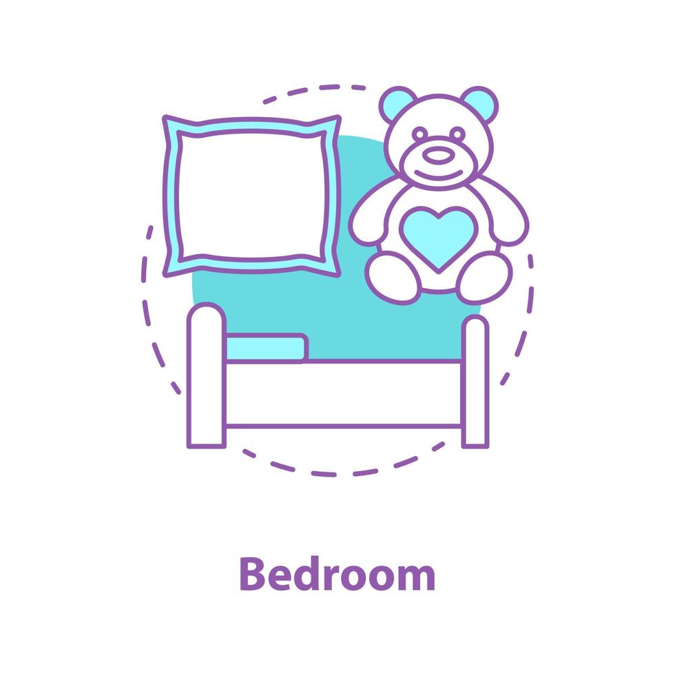 slaapkamer interieur concept icoon. kamer ontwerp idee dunne lijn illustratie. slaapkamermeubels en accessoires. bed, kussen en teddybeer. vector geïsoleerde overzichtstekening