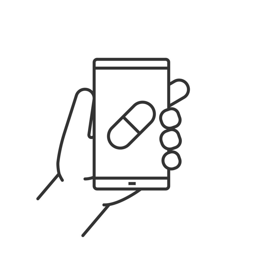 hand met smartphone lineaire pictogram. dunne lijn illustratie. smartphone medische app. contoursymbool voor mobiele apotheek. vector geïsoleerde overzichtstekening