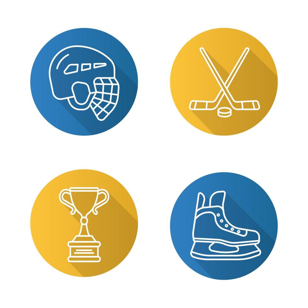 hockey plat lineaire lange schaduw iconen set. helm, schaats, stokken, winnaarsprijs. vector lijn illustratie