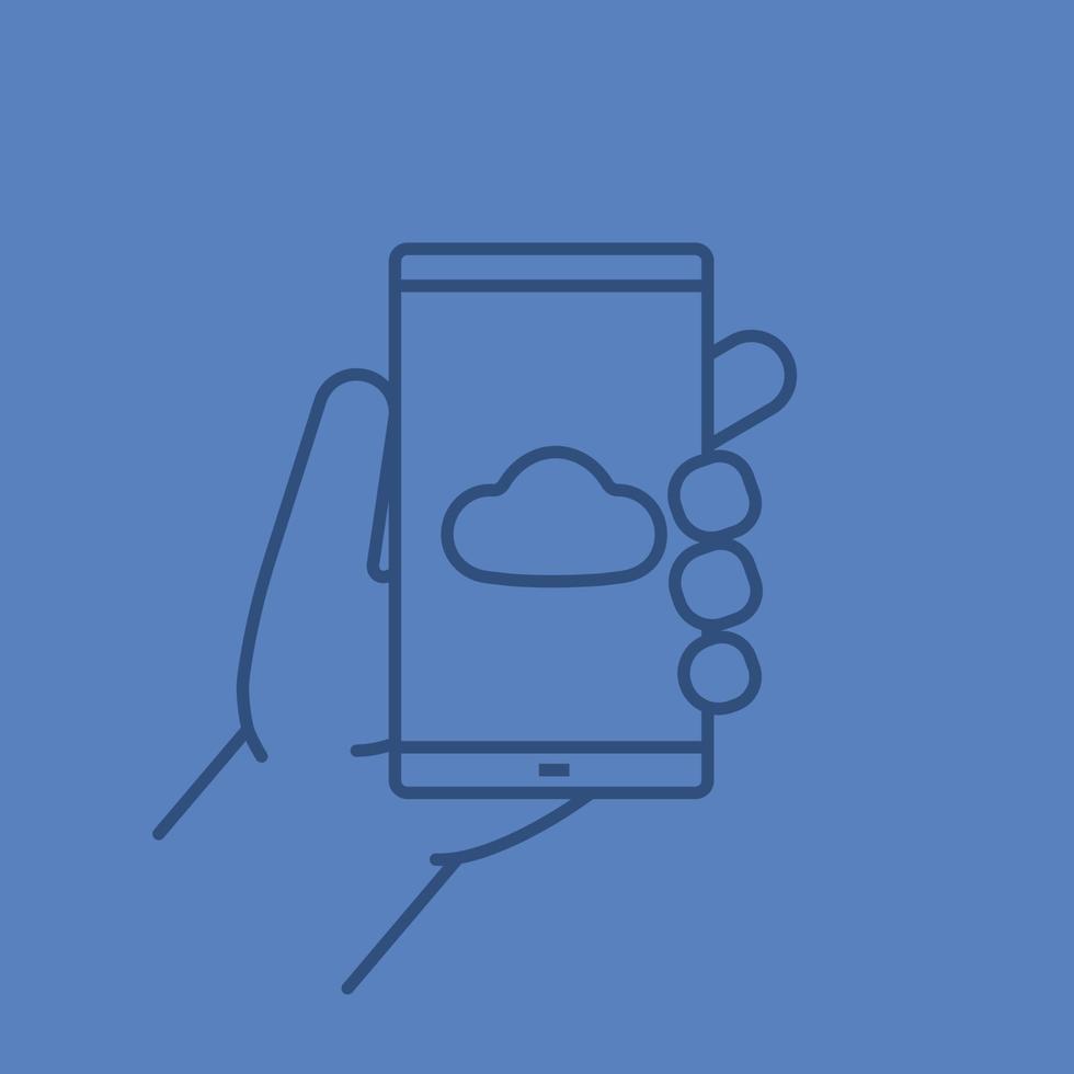 hand met smartphone kleur lineaire pictogram. app voor cloudopslag voor smartphones. dunne lijn contour symbolen op kleur achtergrond. vector illustratie