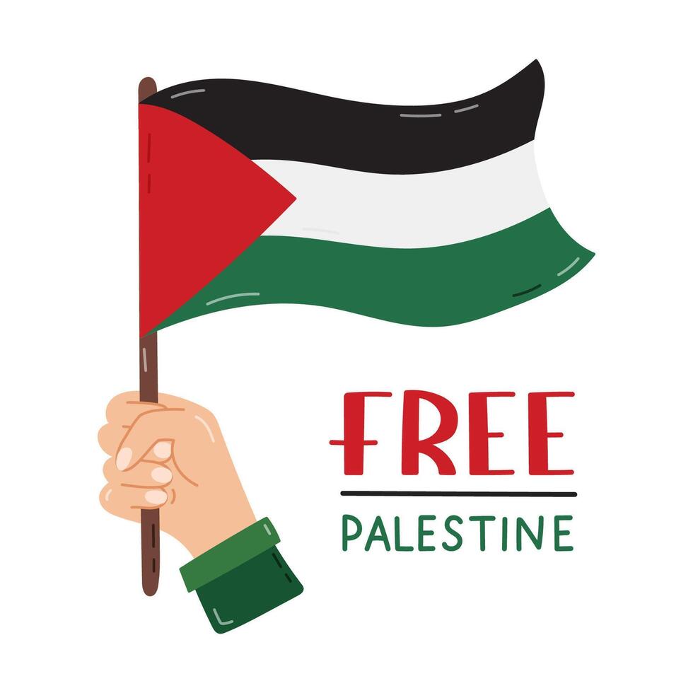 vrij Palestina poster met belettering en hand- Holding Gaza vlag. Palestina ontwerp concept van opslaan en steun. gemakkelijk hand- getrokken clip art voor poster, banier, behang, folder, t shirt, na. vector