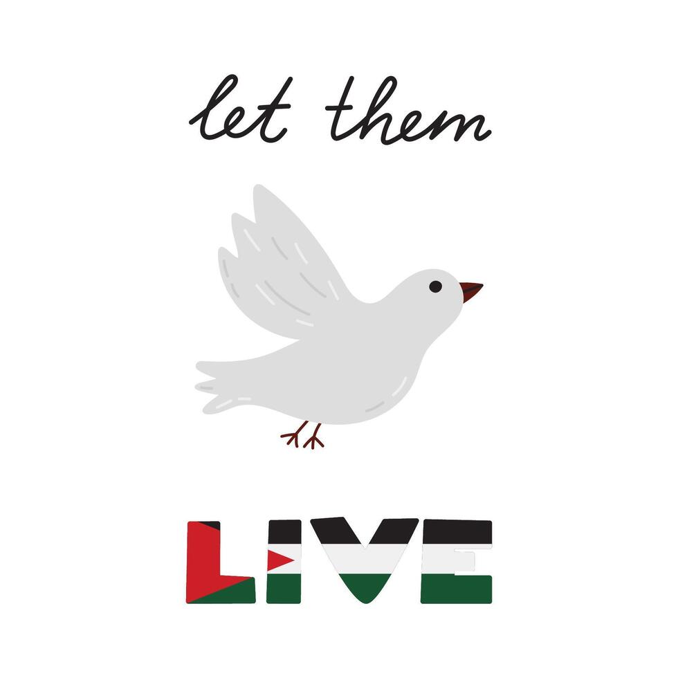 vrij Gaza poster met vrede duif, belettering laat hen leven en Gaza vlag. opslaan Palestina concept met gemakkelijk hand- getrokken illustratie voor poster, banier, behang, folder, t shirt, na. vector