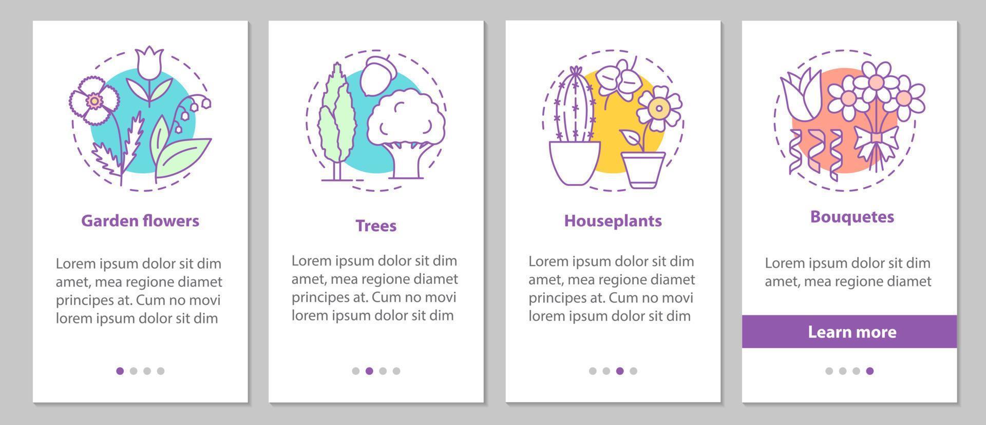 plant onboarding mobiele app paginascherm met lineaire concepten. tuin bloemen, bomen, kamerplanten, boeketten stappen grafische instructies. ux, ui, gui vectorsjabloon met illustraties vector