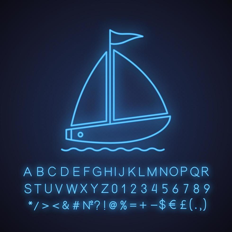 zeilboot neon licht icoon. zeilen. gloeiend bord met alfabet, cijfers en symbolen. vector geïsoleerde illustratie