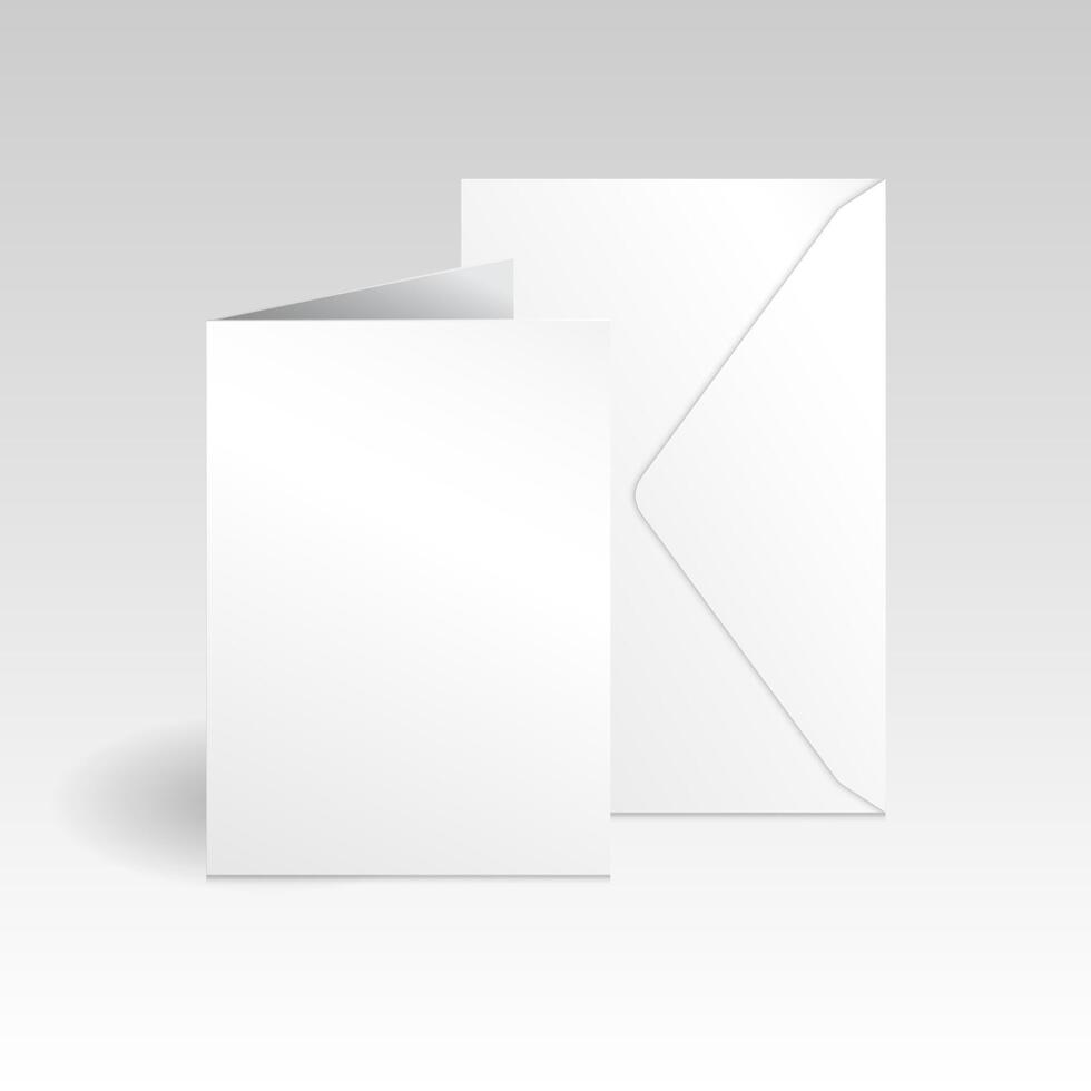 wit verticaal groet kaart en envelop mockup sjabloon. geïsoleerd Aan licht helling grijs achtergrond met schaduw. vector