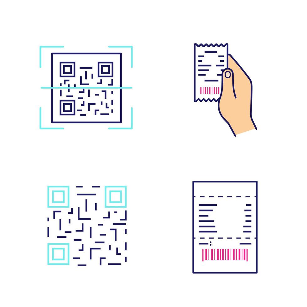 brcodes gekleurde pictogrammen instellen. qr-code scannen, papieren bon in de hand, matrixbarcode, papieren cheque. geïsoleerde vectorillustraties vector