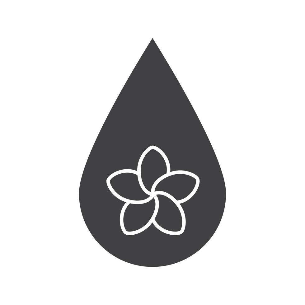 aromatherapie olie drop glyph icoon. silhouet symbool. spa salon olie druppel met plumeria bloem binnen. negatieve ruimte. vector geïsoleerde illustratie