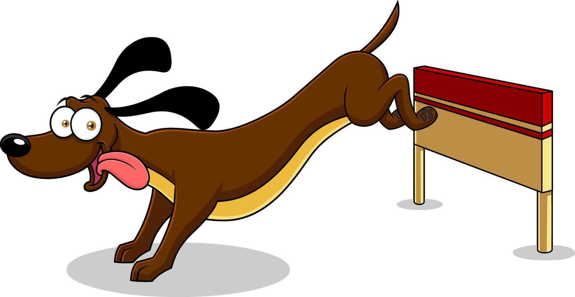 hond tekenfilm karakter springt over- hindernis barrière vector