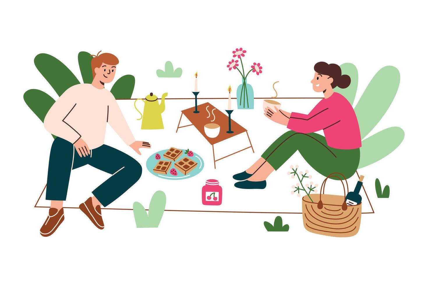 paar Aan een picknick, romantisch maaltijd buiten, hand- getrokken samenstelling met Mens en vrouw in liefde, zomer glamperen, illustratie van picknick deken met voedsel en drankjes, ontspannende in park vector