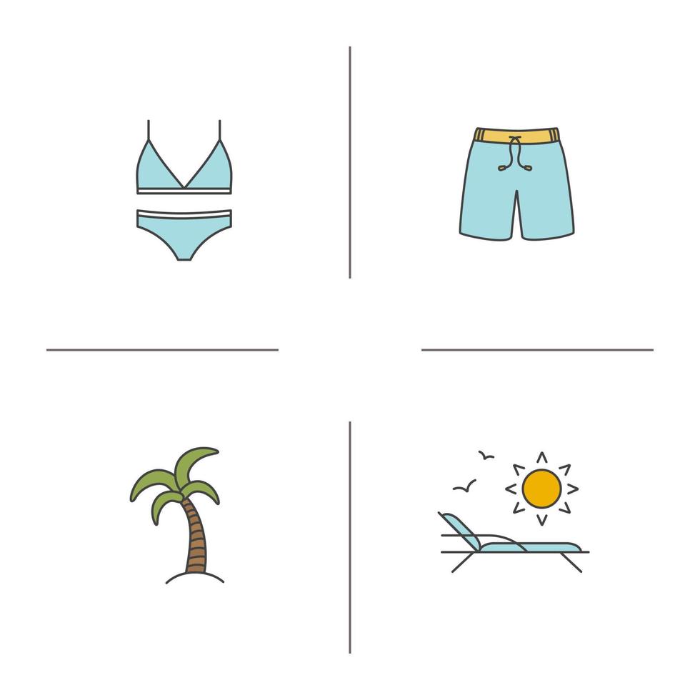 zomer kleur pictogrammen instellen. dameszwempak, zwembroek, palmboom, strandstoel met vogels en zon. geïsoleerde vectorillustraties vector