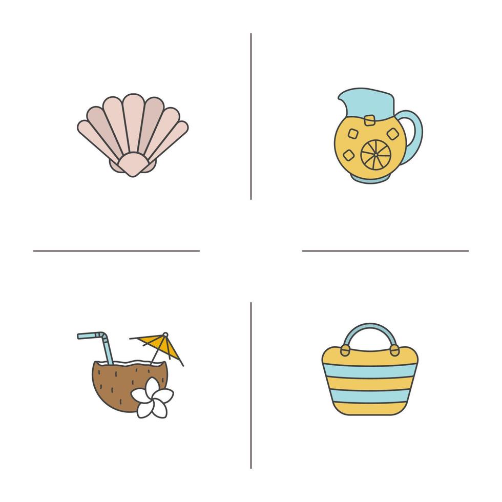 zomer kleur pictogrammen instellen. zeeschelp, limonadekan, strandtas en cocktail. geïsoleerde vectorillustraties vector