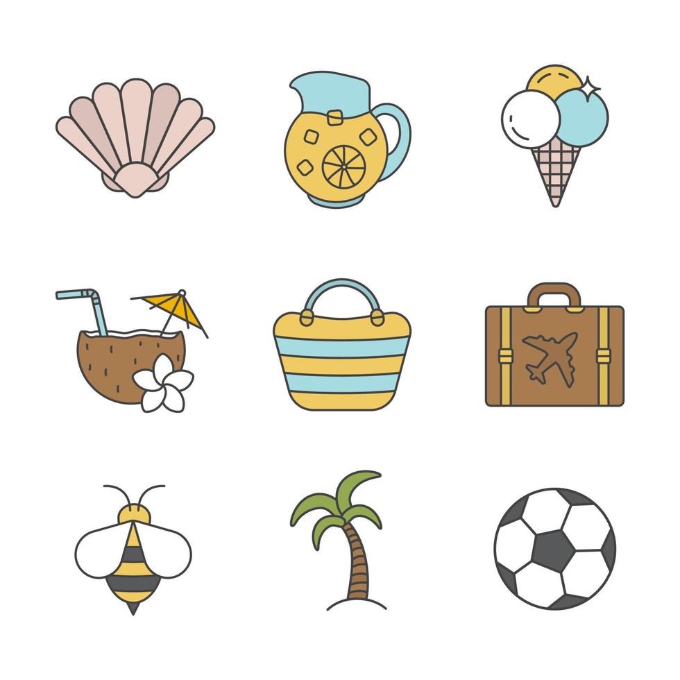 zomer kleur pictogrammen instellen. zeeschelp, limonadekan, ijs, strandcocktail, tas, palmboom, koffer, bij, voetbal. geïsoleerde vectorillustraties vector