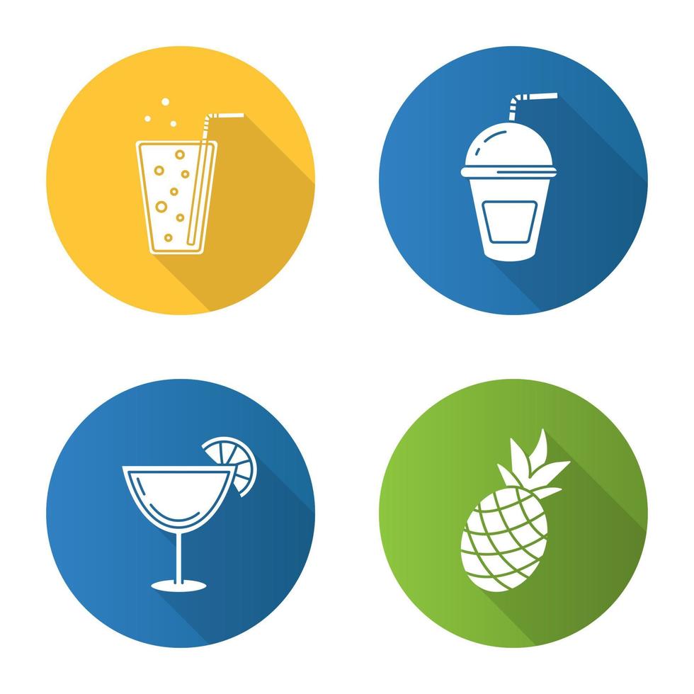 verfrissende drankjes platte ontwerp lange schaduw iconen set. limonade, cocktails, ananas. vector silhouet illustratie