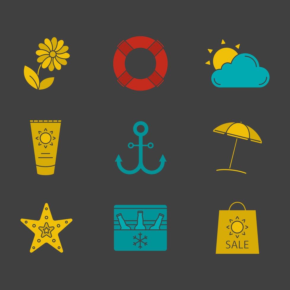 zomer glyph kleur pictogramserie. bloem, zon, wolk, parasol, anker, seastar, zomeruitverkoop, koelkast met bier, zonnebrandcrème. silhouetsymbolen op zwarte achtergronden. negatieve ruimte. vector illustratie