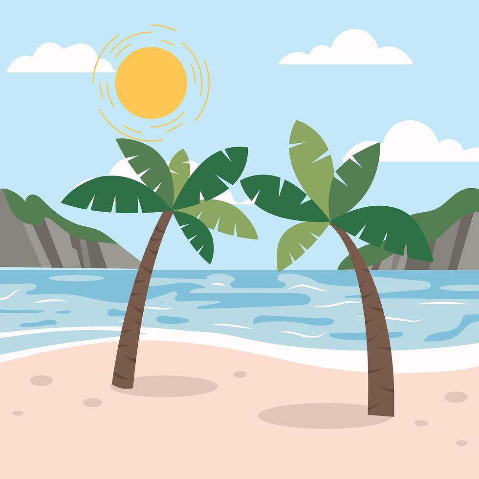 tropisch landschap van kust mooi zee kust strand en palm bomen Aan mooi zo zonnig dag. illustratie in vlak stijl voor poster, partij vakantie uitnodiging, feestelijk banier, kaart. vector