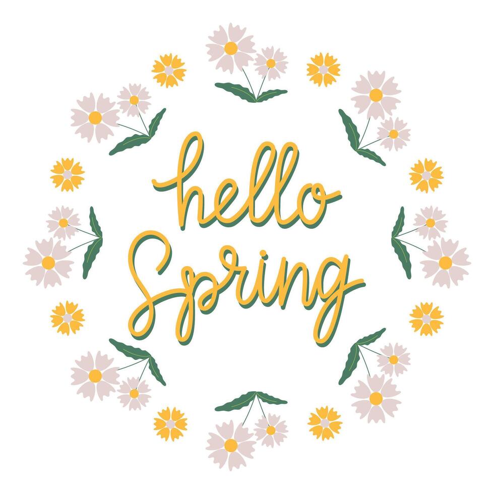 hand- getrokken belettering Hallo voorjaar kaart met decoratief bloemen kader, illustratie voor groet kaart, uitnodiging sjabloon. retro, wijnoogst belettering banier, poster, achtergrond. vector