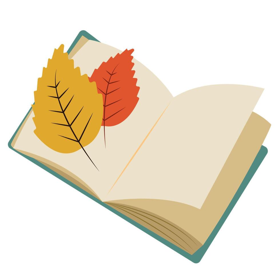 boek met herfst oranje en geel bladeren geïsoleerd Aan wit achtergrond. illustratie in vlak stijl. illustratie voor web ontwerp, banier, folder, uitnodiging, kaart. vector