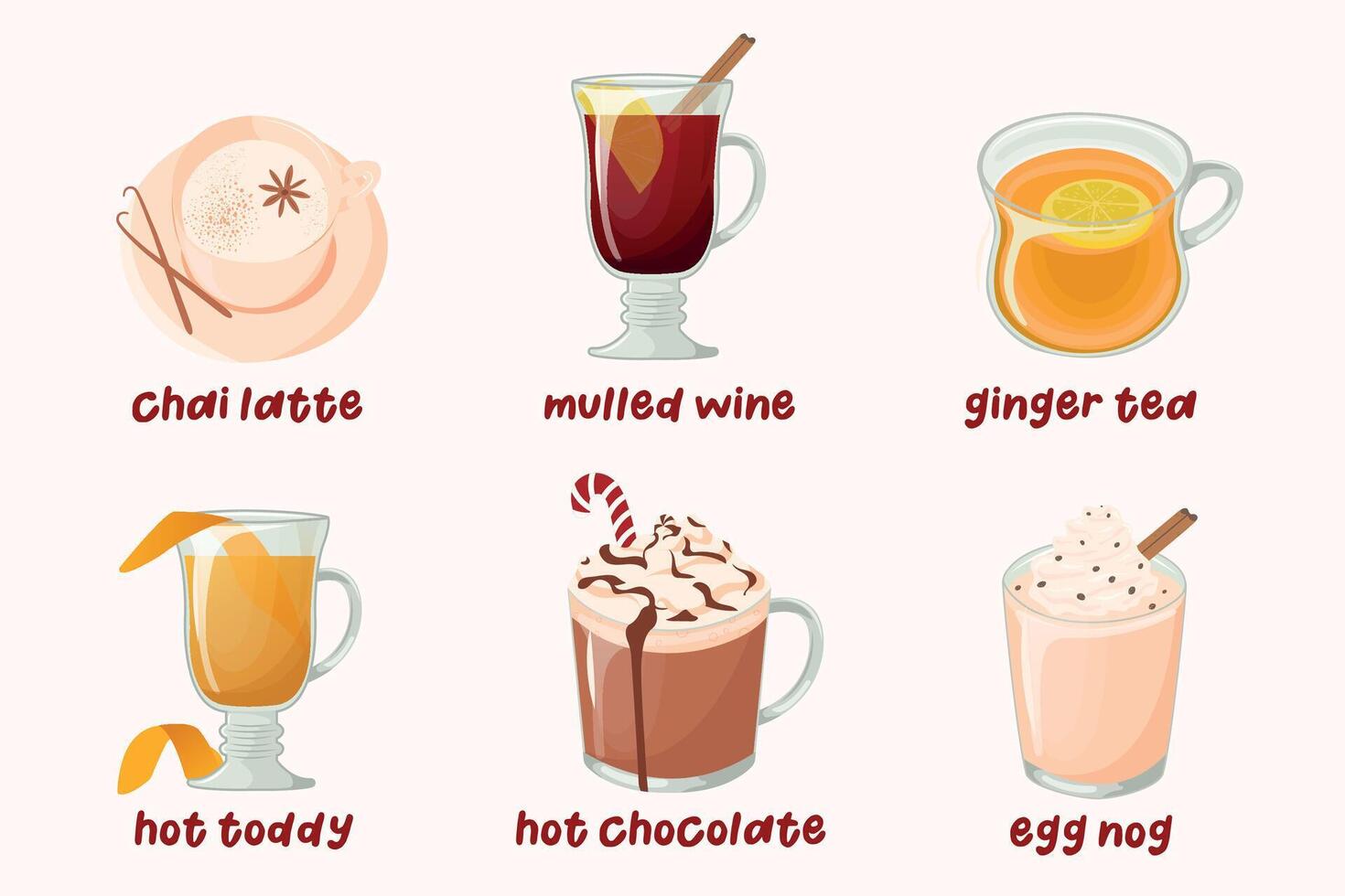 reeks van heerlijk heet drankjes voor winter tijd. chai latte, overwogen wijn, gember thee, heet grog, heet chocola, ei nee. illustraties geïsoleerd Aan wit achtergrond. vector