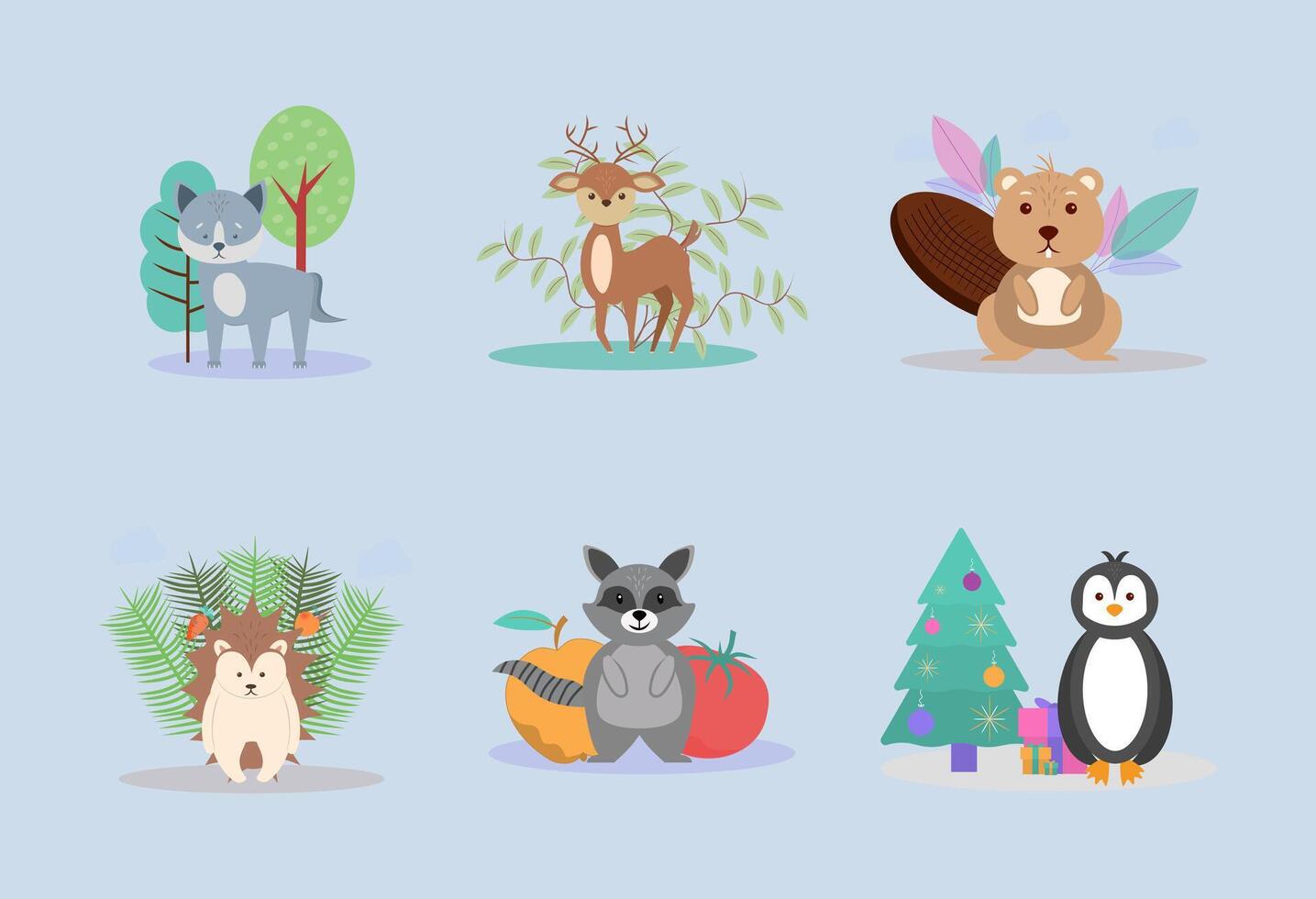 dieren wolf, hert, bever, wasbeer, pinguïn en egel. kleurrijk illustratie vector