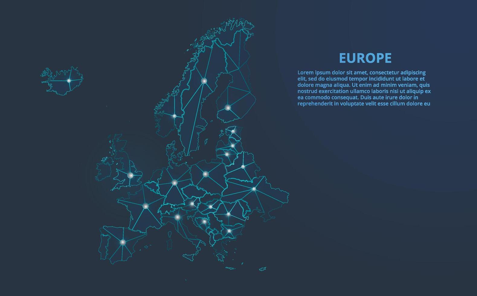 Europa communicatie netwerk kaart. laag poly beeld van een globaal kaart met lichten in de het formulier van steden. kaart in de het formulier van een sterrenbeeld, dempen en sterren vector