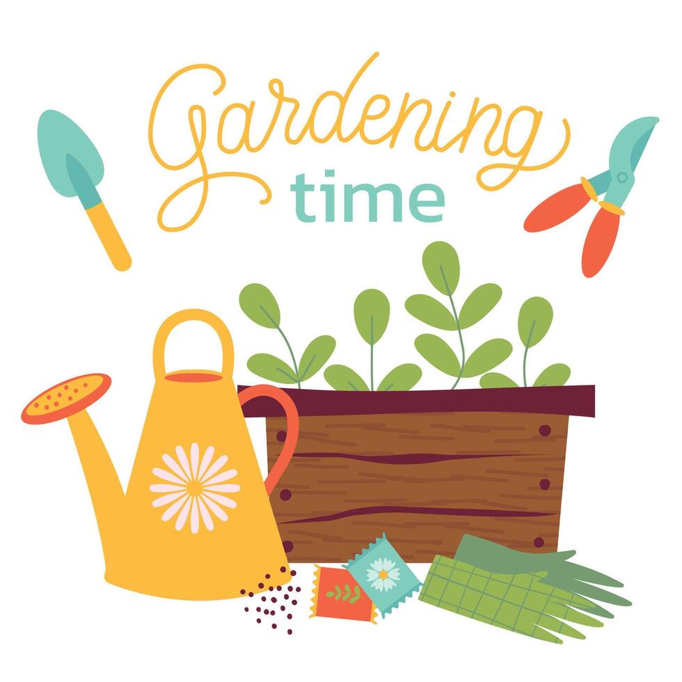 tuinieren tijd. tuin hulpmiddelen, gieter kan, planten, groenten, bloemen, zaden, handschoenen. voorjaar tuinieren concept. illustratie Aan wit achtergrond voor poster, icoon, kaart, logo, etiket vector