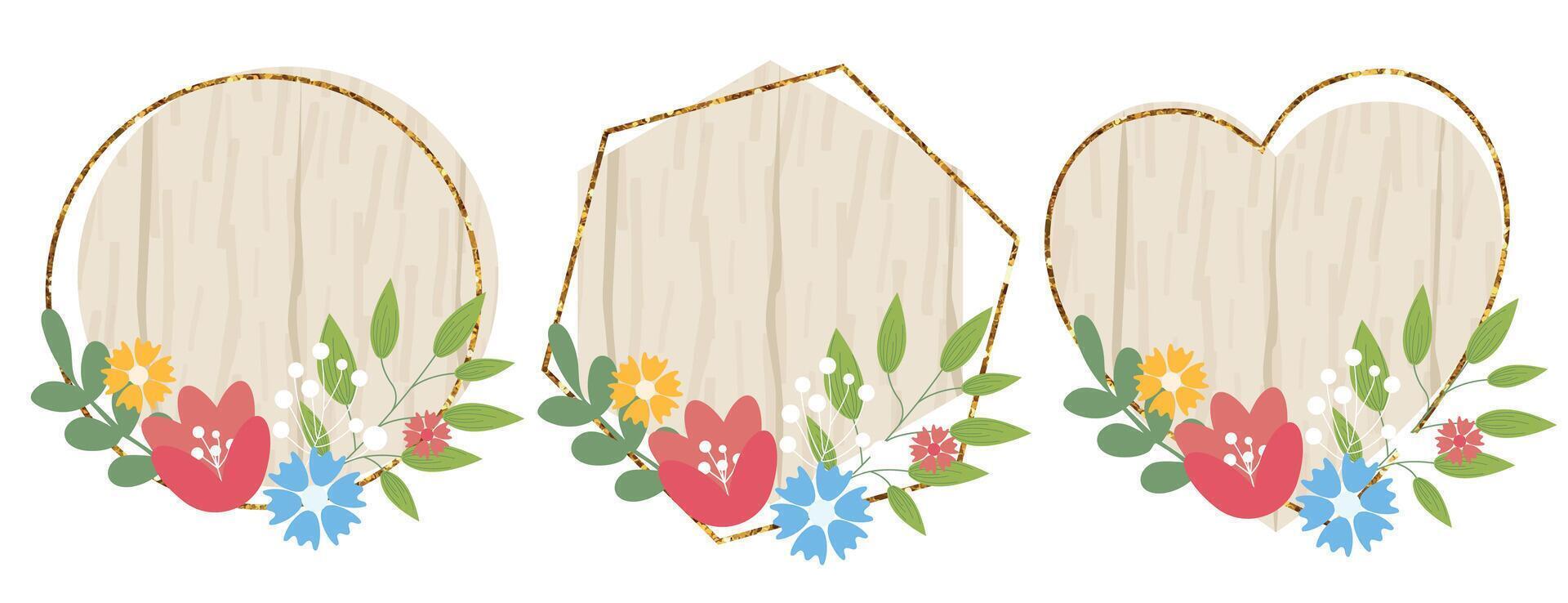 houten ontwerp elementen reeks met bloemen. hout bord, kader, insigne, label, schild, uithangbord verzameling. bruin achtergrond zonder tekst. illustratie. vector