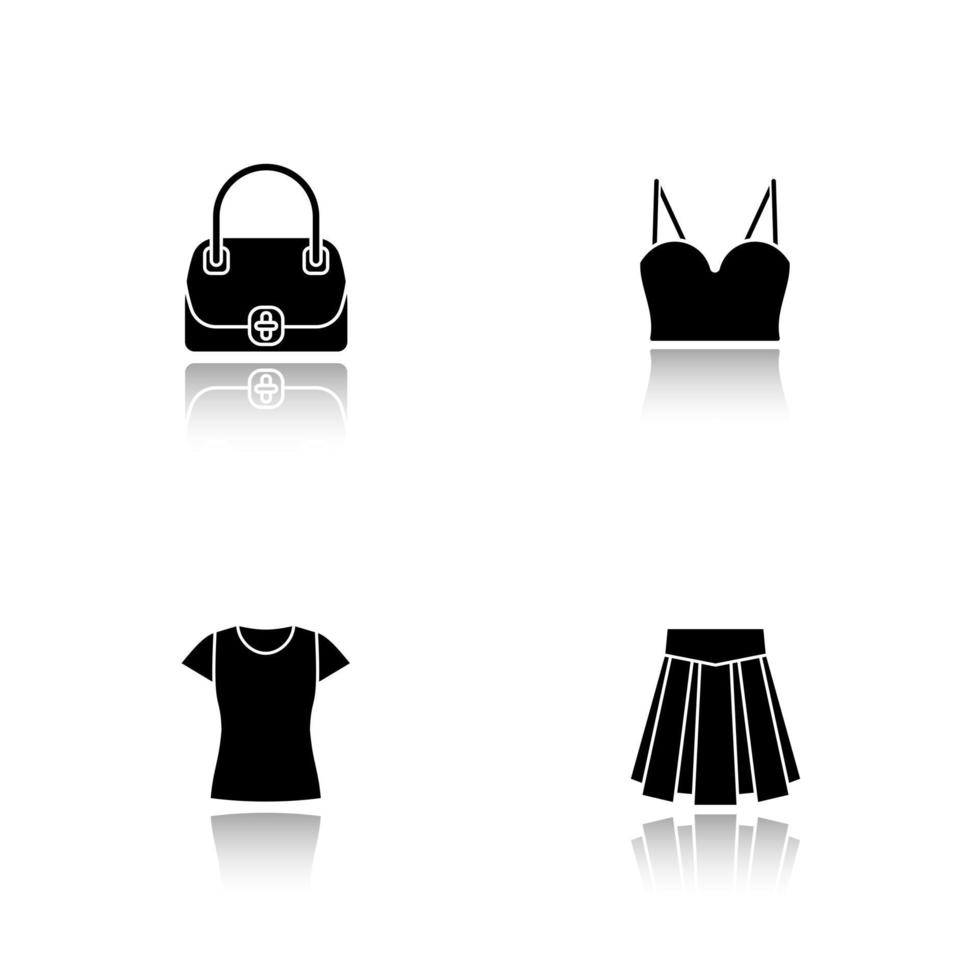 damesaccessoires slagschaduw zwarte pictogrammen instellen. handtas, top, rok, t-shirt. geïsoleerde vectorillustraties vector
