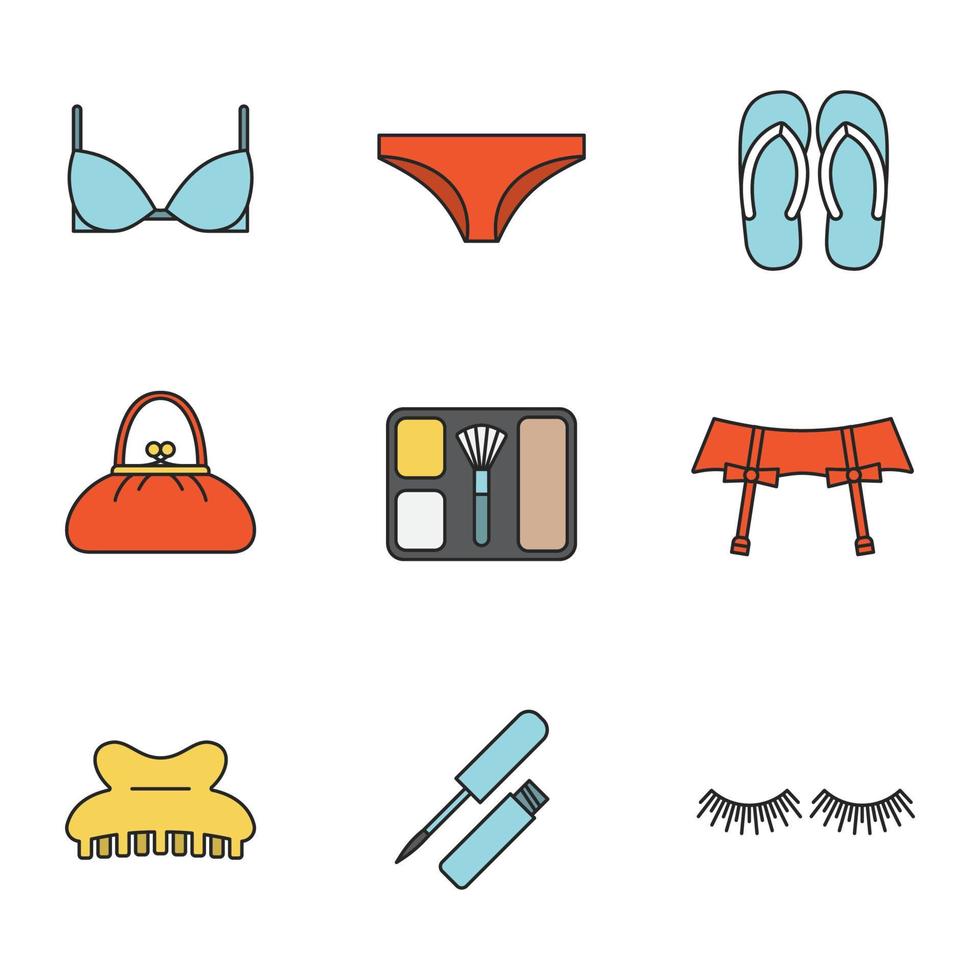 damesaccessoires gekleurde pictogrammen instellen. ondergoed kousenbanden, beha en slipje, slippers, portemonnee, blusher, klauw haarclip, wimpers, lipgloss. geïsoleerde vectorillustraties vector