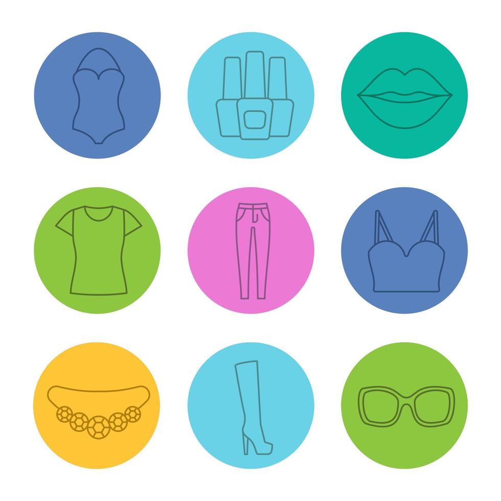 damesaccessoires lineaire pictogrammen instellen. badpak, nagellakflesjes, lippen, t-shirt, skinny jeans, topje, ketting, hoge schoen, zonnebril. dunne lijncontoursymbolen op kleurencirkels. vectorillustraties vector