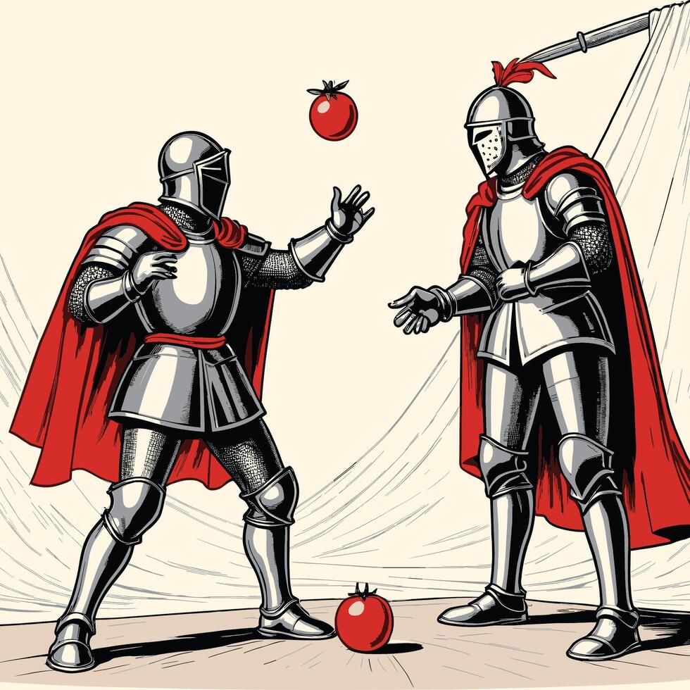 twee ridders vechten en vervelend middeleeuws schild gegraveerde lijn vector