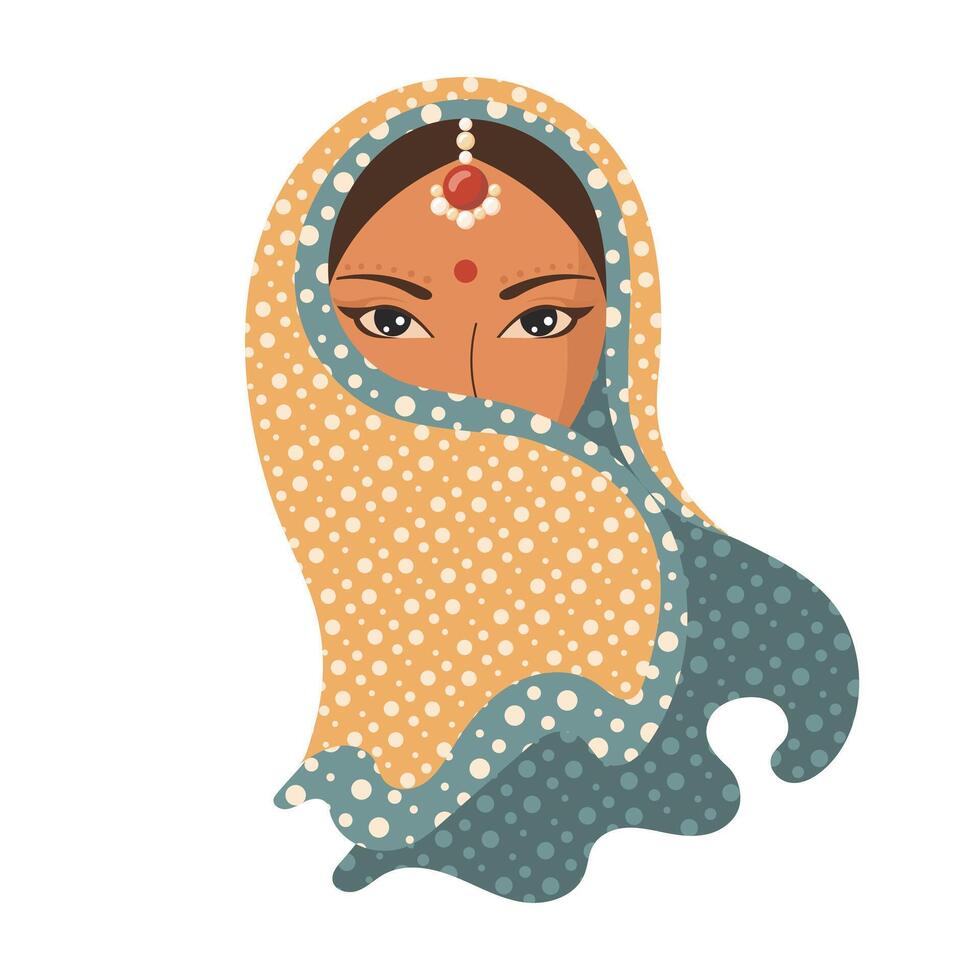 portret van een jong Indisch vrouw in een nationaal hoofdtooi. illustratie vector
