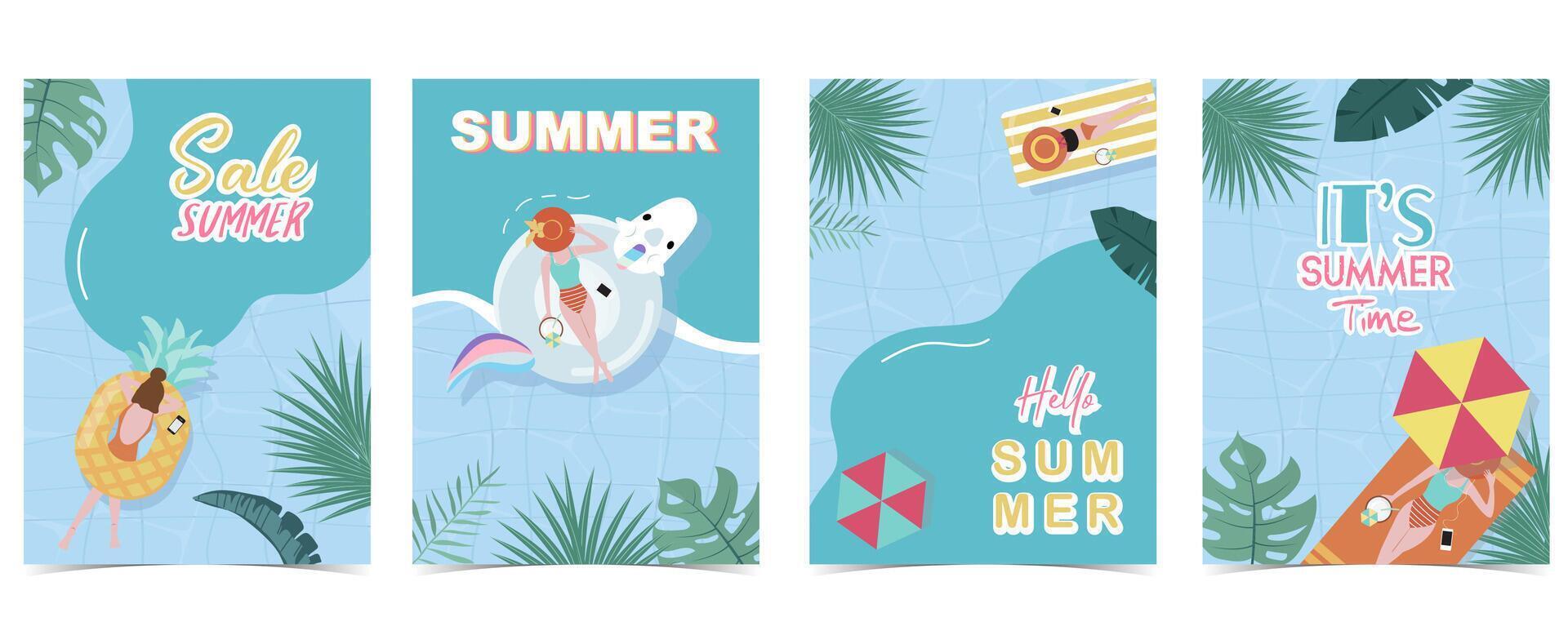 partij zomer tijd ansichtkaart met zwembad en strand voor verticaal a4 ontwerp vector