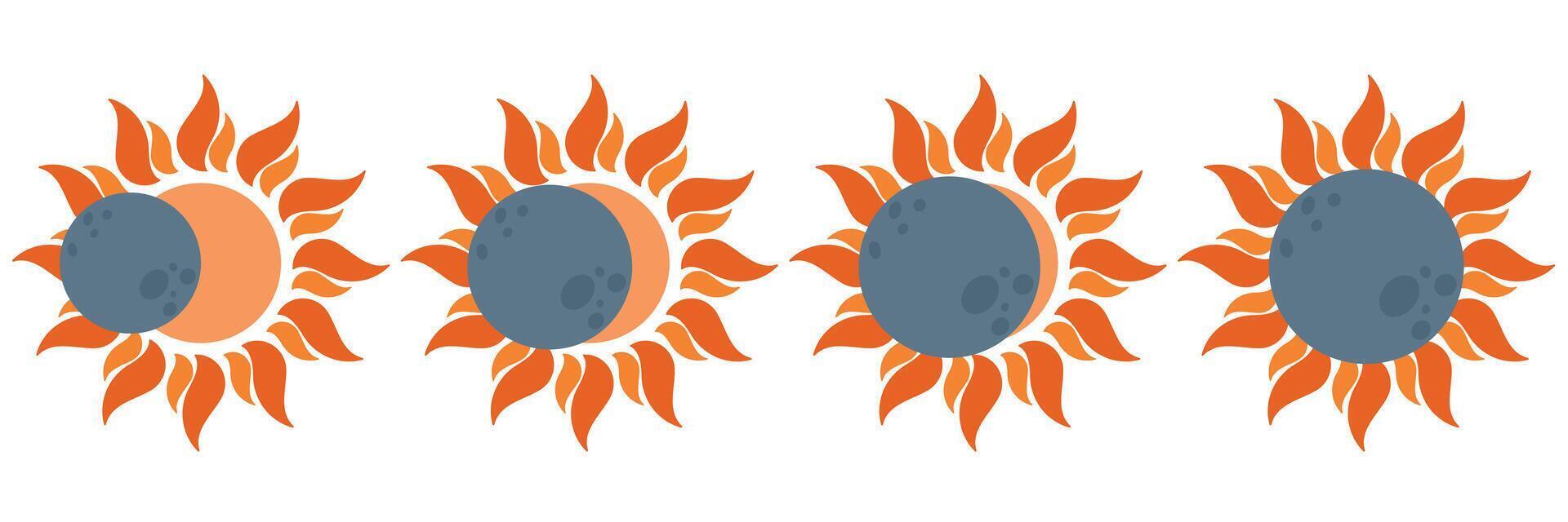 zon verduistering, totaal en gedeeltelijk zonne- verduistering, meerdere fasen. zon en maan zijn bijna uitgelijnd Aan Rechtdoor lijn. ontwerp element voor projecteren, banier, uitnodiging. vector