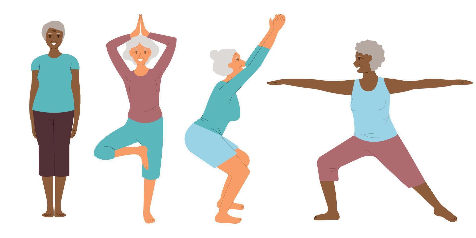 senior Dames aan het doen yoga. reeks van oud Dames maken ochtend- yoga of ademen opdrachten. geïsoleerd illustratie. mentaal Gezondheid concept vector