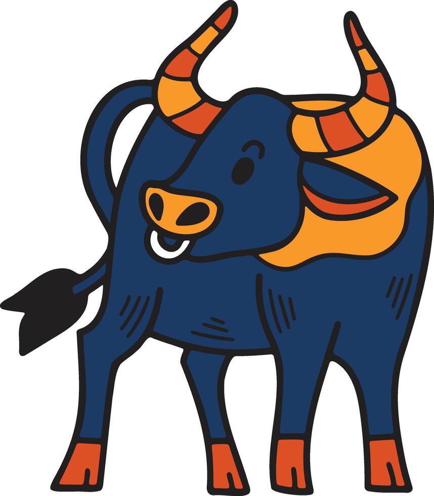 een tekenfilm koe met hoorns en een groot mond vector