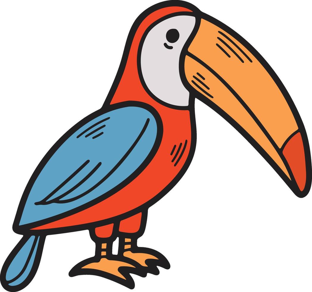 een zwart en wit tekening van een vogel met een groot bek en een kleurrijk staart vector