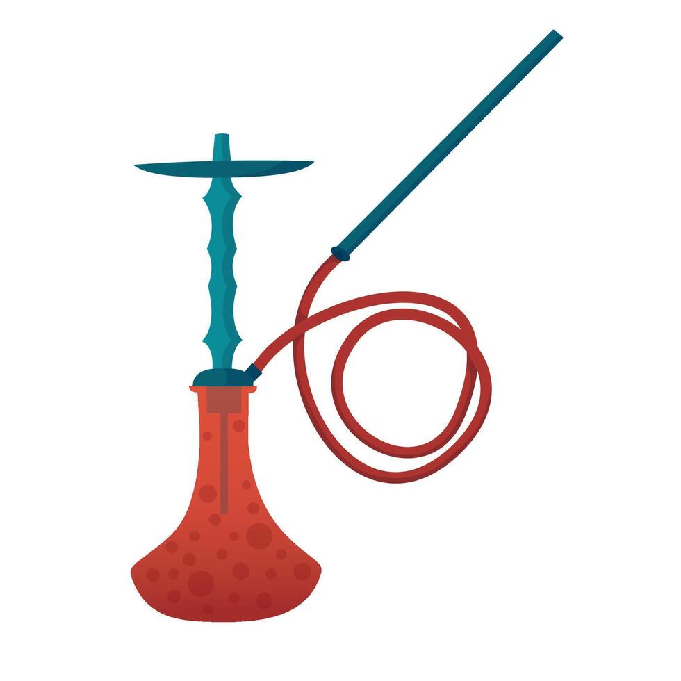 hookah illustratie. tekenfilm blauw hookah kalebas met lang pijp en rood glas kom voor water naar rook, traditioneel medeplichtig voor roken in lounge bar. geïsoleerd illustratie. vector