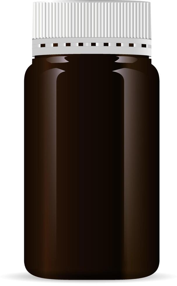 fles voor medisch producten, pillen, drugs, zalf en room. amber glas farmaceutisch mockup met wit pet voor capsules. illustratie. vector