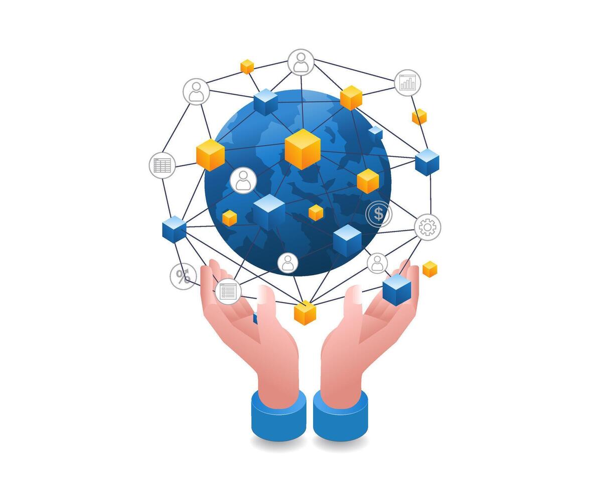 wereld bedrijf netwerk in de handen van infographics vlak isometrische 3d illustratie vector