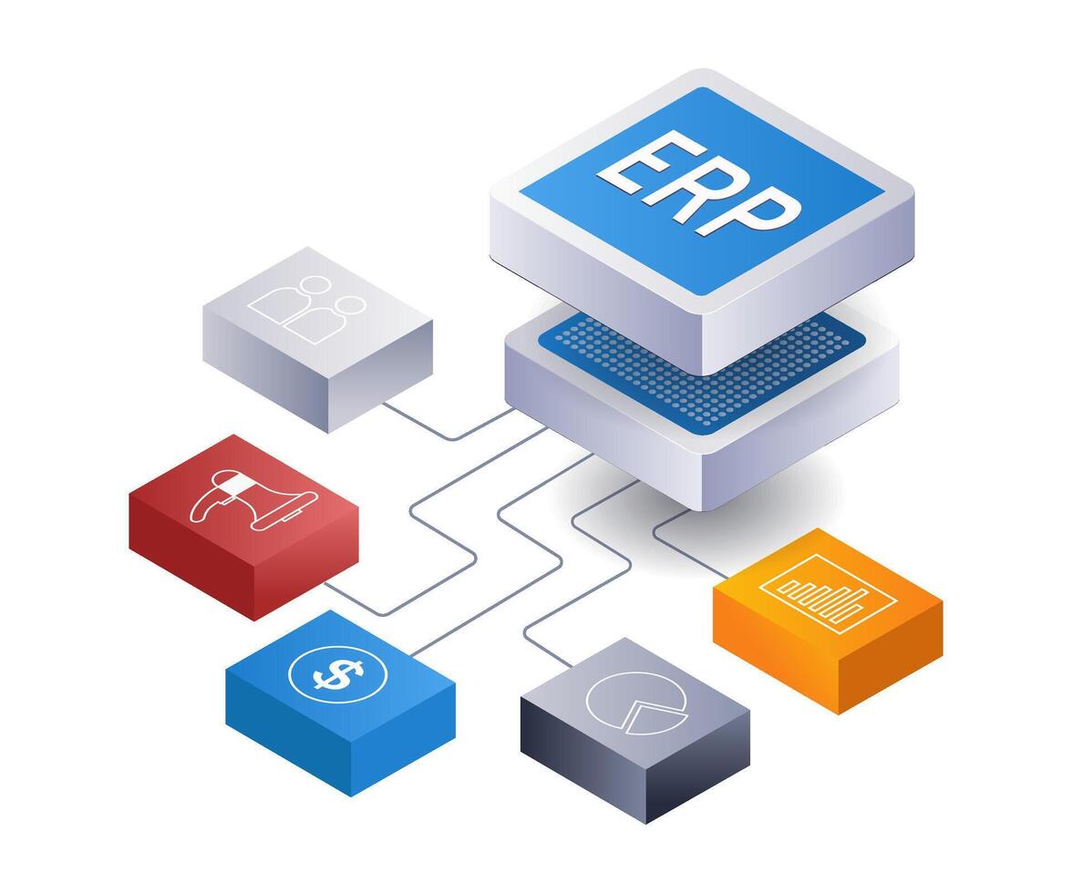 erp netwerk bedrijf technologie infographic 3d illustratie vlak isometrische vector