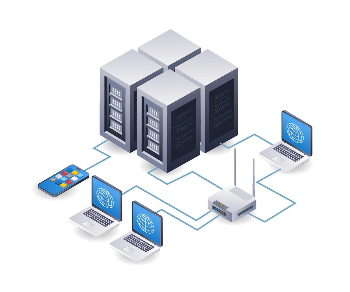 netwerk Wifi internet server technologie analist infographic illustratie 3d vlak isometrische 1 vector