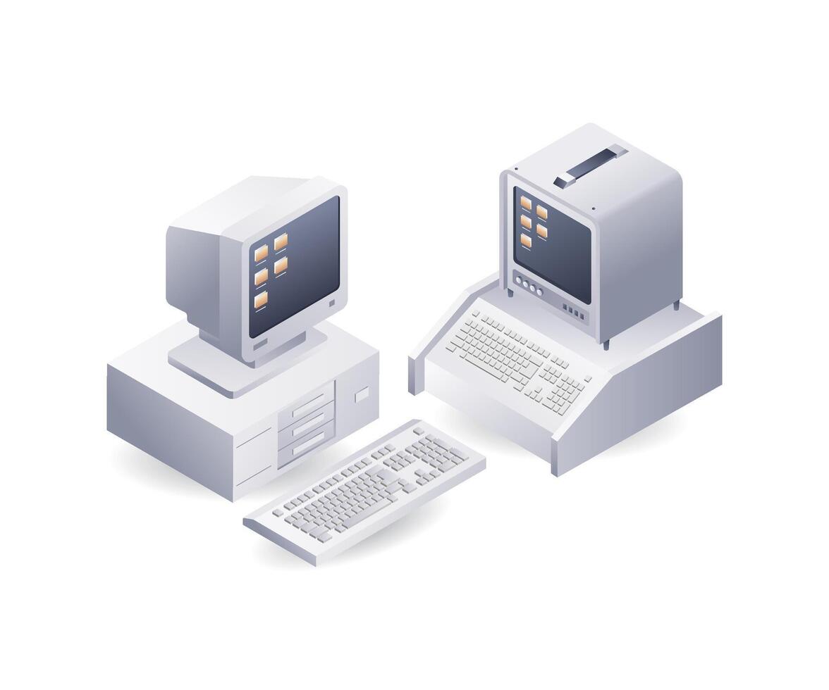 retro klassiek computer infographic vlak isometrische 3d illustratie vector