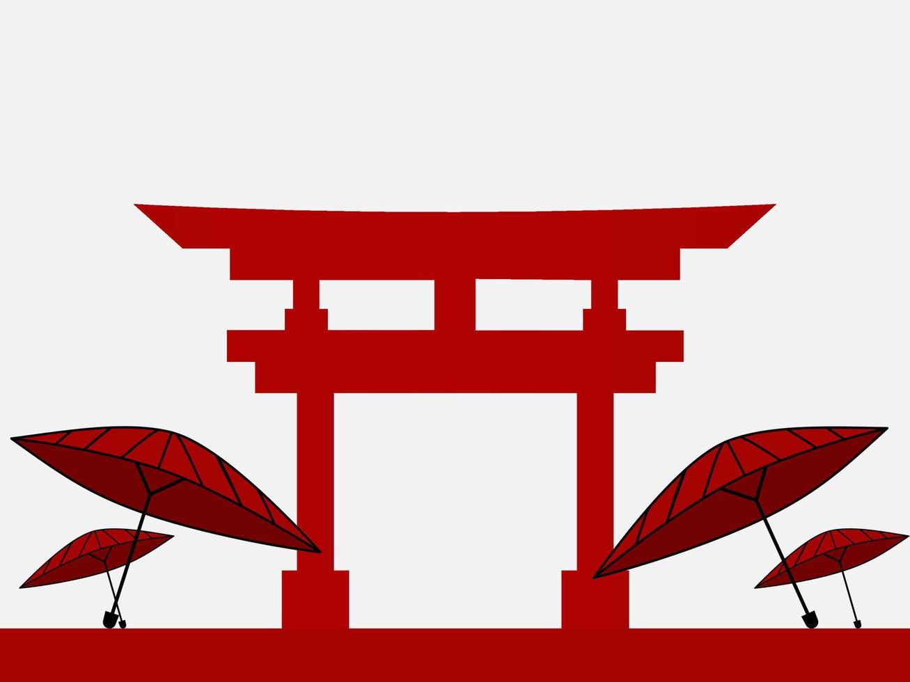 japanse cultuur dag achtergrond of wenskaart ontwerp. illustratie van Japanse poort en Wagasa of traditionele Japanse paraplu op witte achtergrond, en kopieer ruimte. vector