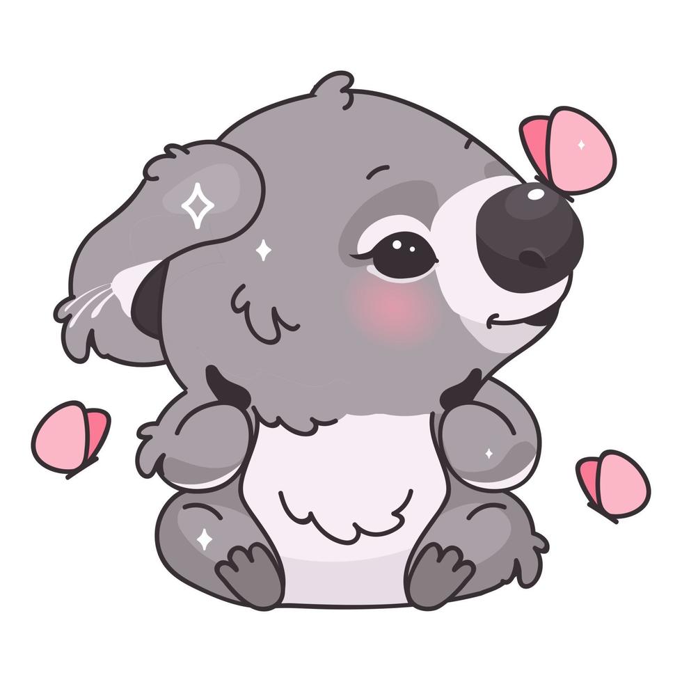 schattig koala kawaii stripfiguur vector. schattig en grappig lachend dier met vliegende vlinders geïsoleerde sticker, patch, kinderboekillustratie. anime baby koala emoji op witte achtergrond vector