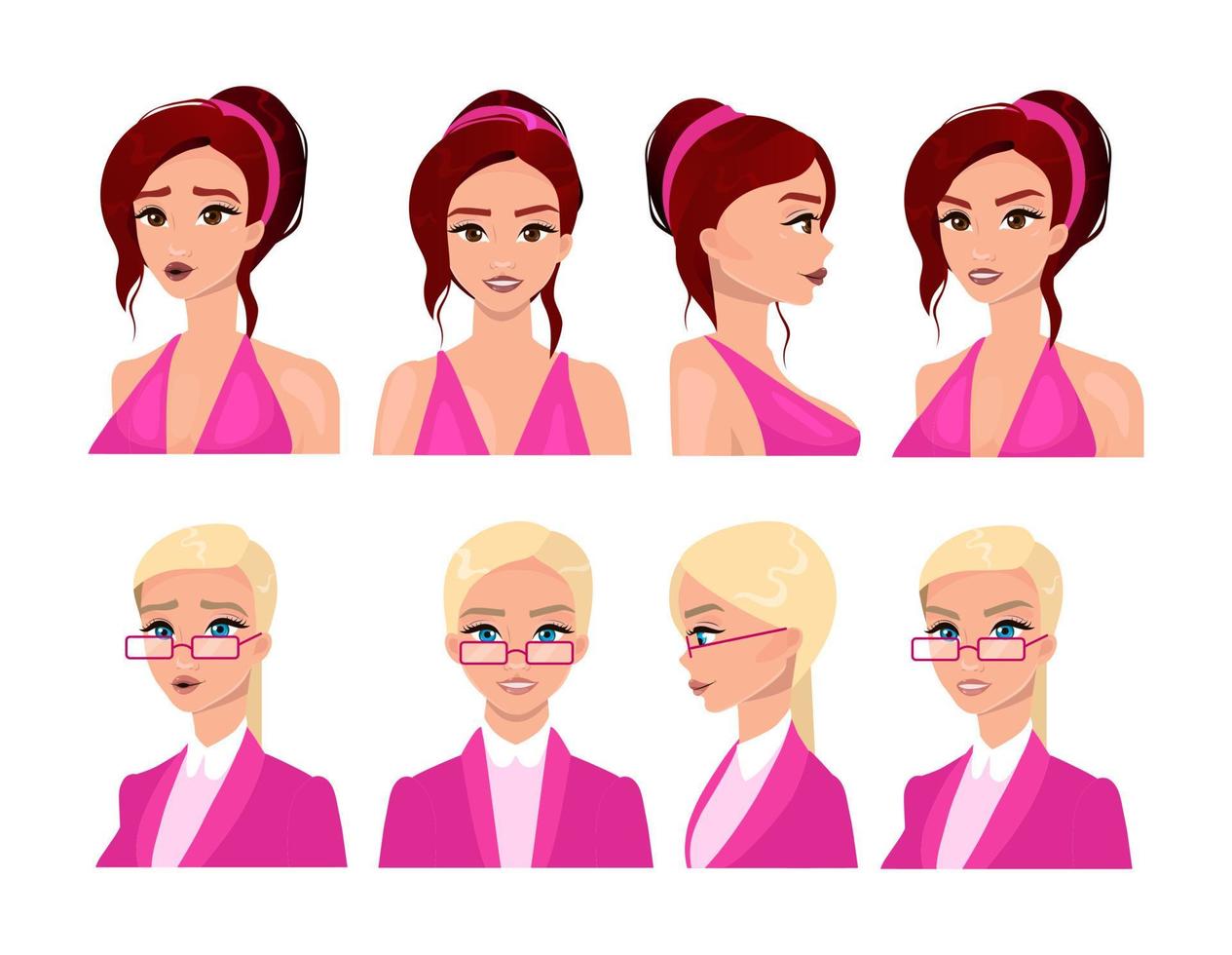 vrouwelijke gezichten platte vector illustraties set. mooie vrouwenavatars met blond en donkerbruin haar, verschillende gezichtsuitdrukkingen. elegante jonge meisjes portretten collectie. geïsoleerde stripfiguren