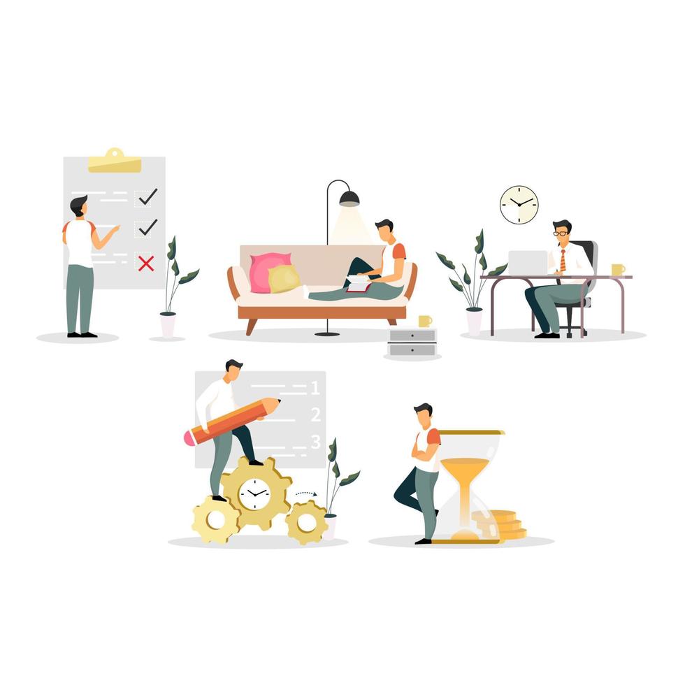 time management platte vector illustraties set. workflow optimalisatie, multitasking. kantoorpersoneel, managers, ondernemers, zakenlieden. takenlijst, werkplanning geïsoleerde stripfiguren