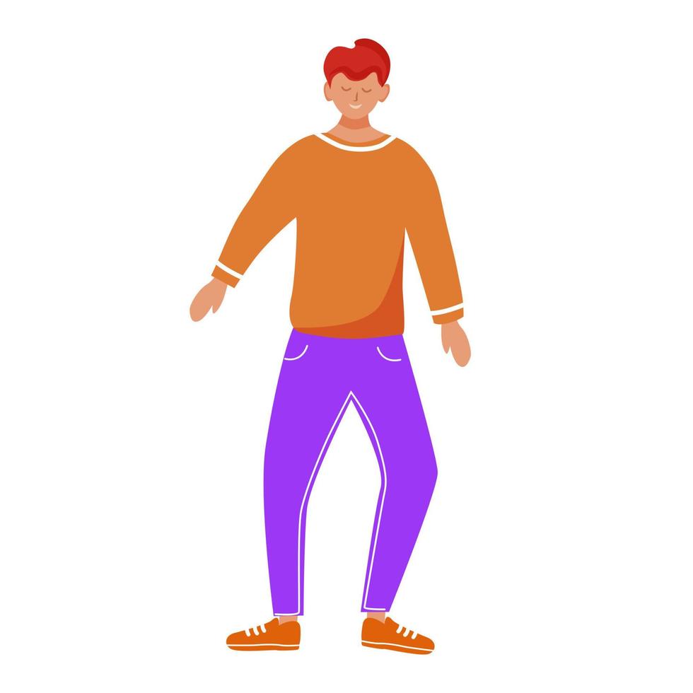 dansende jongen platte vectorillustratie. gelukkig vrolijke tiener. adolescente lachende persoon. volledige lichaam staande blanke man in casual kleding geïsoleerde stripfiguur op witte achtergrond vector