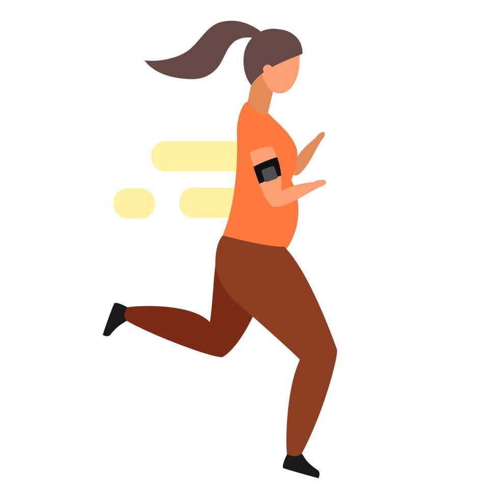 ochtend joggen platte vectorillustratie. zwaarlijvige vrouw in sportkleding die loopt om af te vallen. overgewicht dame doen fysieke oefeningen geïsoleerde stripfiguur op witte achtergrond vector