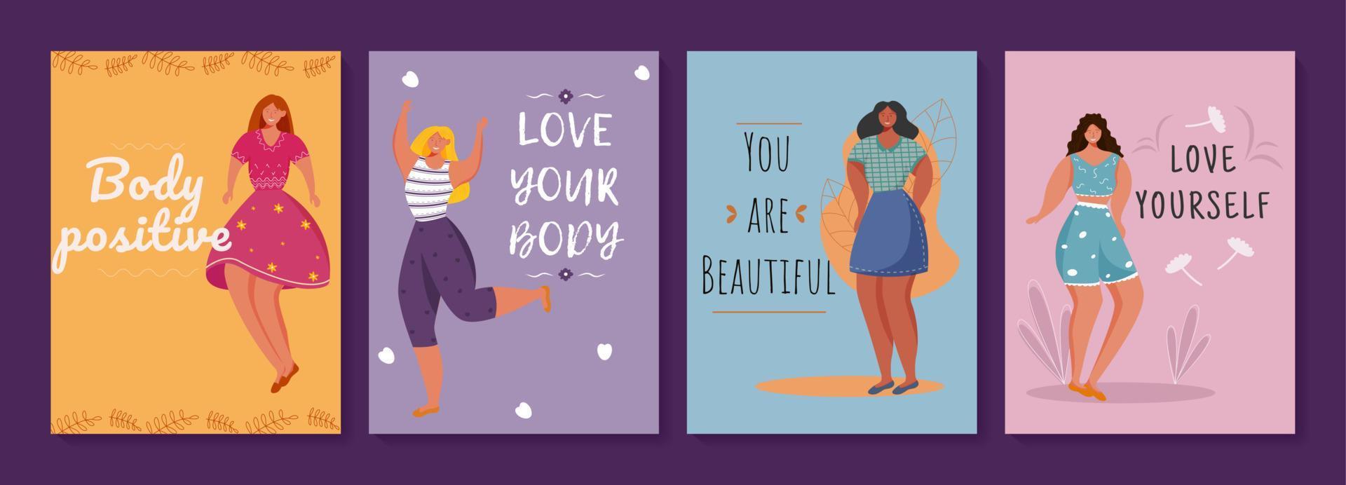 lichaam positieve posters vector sjabloon set. feministische beweging. brochure, omslag, boekje pagina conceptontwerp met platte illustraties. vrouwen met overgewicht. reclamefolder, folder, idee voor bannerlay-out