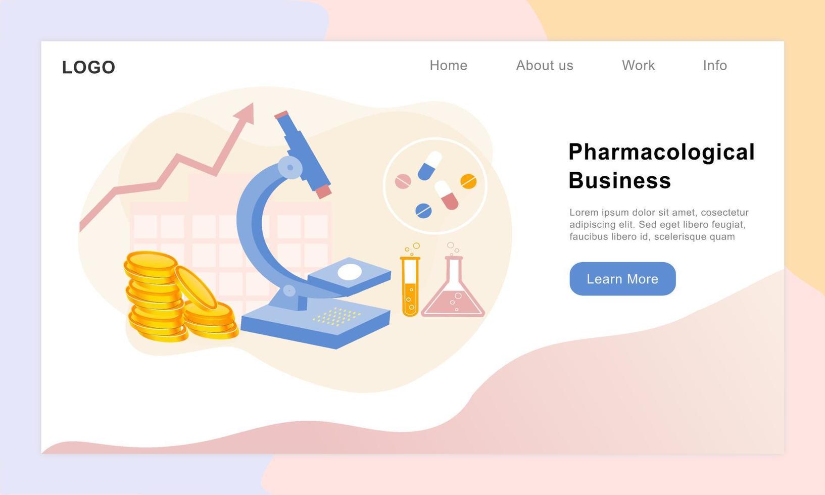 farmacologische en gezondheidsgeneesmiddelen ontwikkeling bedrijfsconcept. farmaceutische industrie met medische apparatuur en therapiepillen voor onderzoek naar ziekte en ziekte. platte vector voor web, banner, infographics.